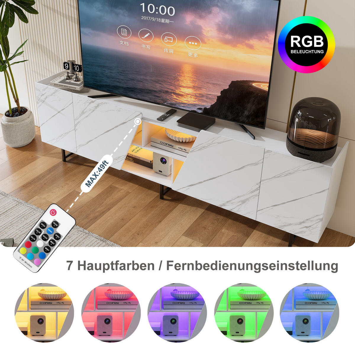 TV-BOARD weiß 220cm marmor-optik metallgestell - Weiß, Holzwerkstoff (34.5/67.7/220cm) - SHOPENTRA