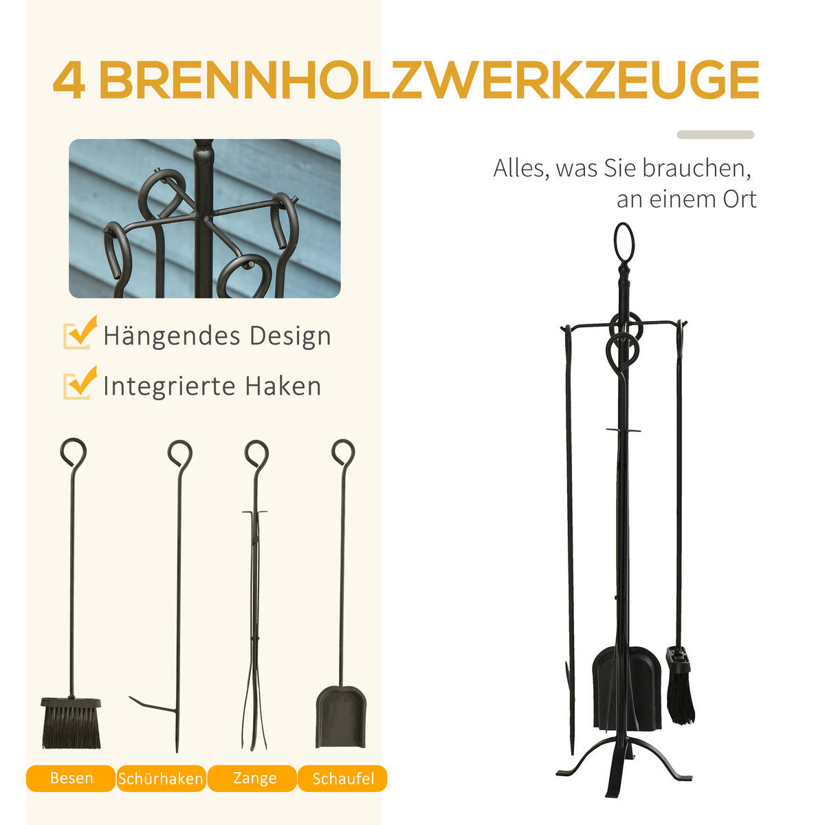 KAMINGARNITUR, Metall, Schwarz, 20L x 20B x 82,5H cm - Schwarz, Metall (20/82.5/20cm) - Outsunny