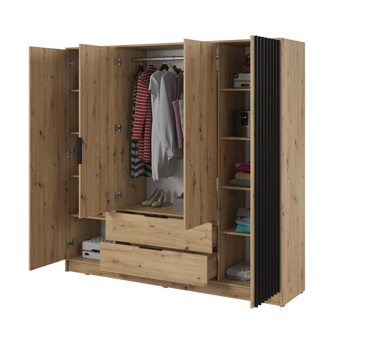 KLEIDERSCHRANK Nelly 4D, Eiche, Schwarzer Paspelierung, mit Schubladen - Schwarz/Eiche Artisan, Holzwerkstoff (206/200/51cm) - Bettso