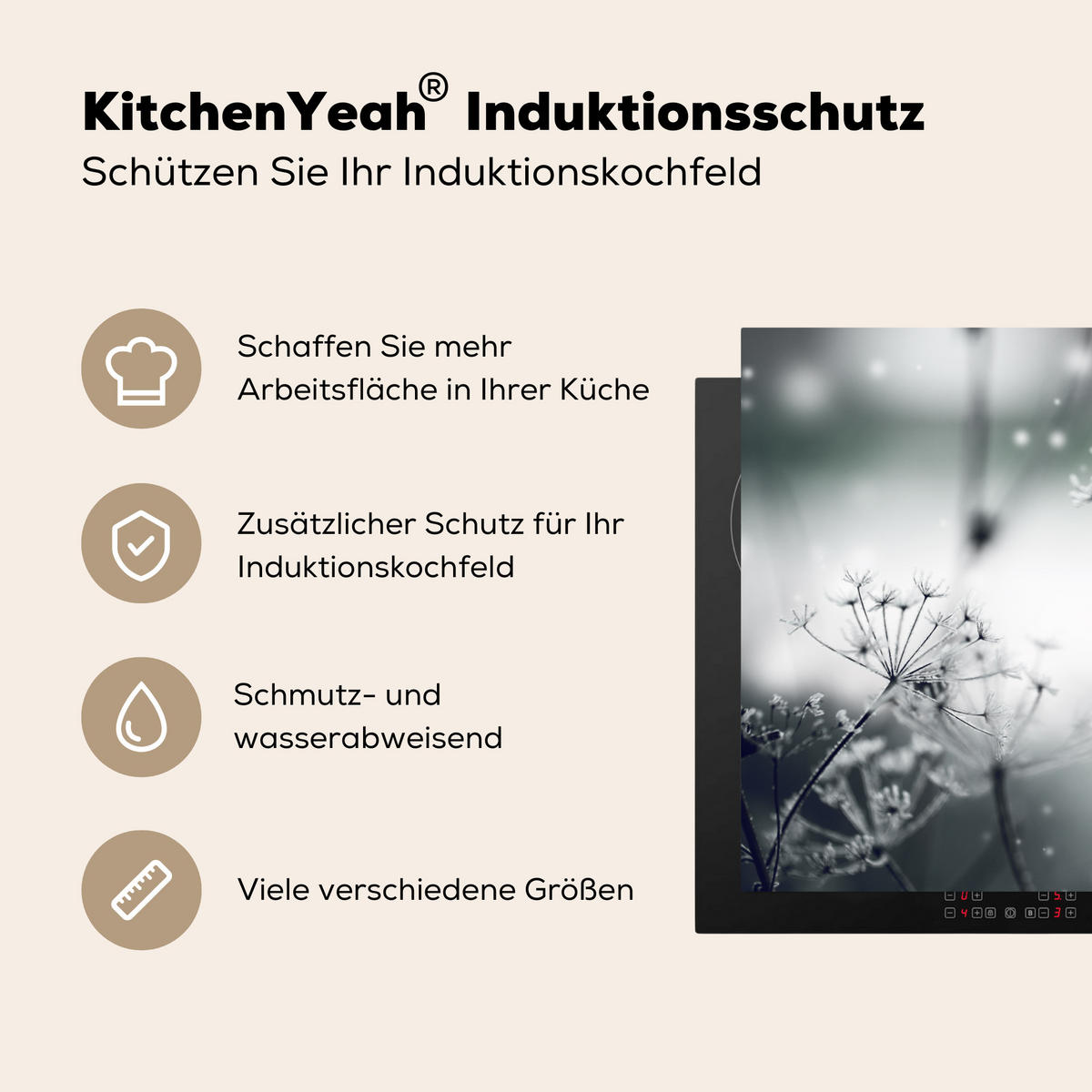 HERDABDECKPLATTE Blumen - Winter - Schnee - Natur Herdabdeckung Induktionsfeld 75x52 cm - Grau, Kunststoff (75/52/0.2cm) - MuchoWow