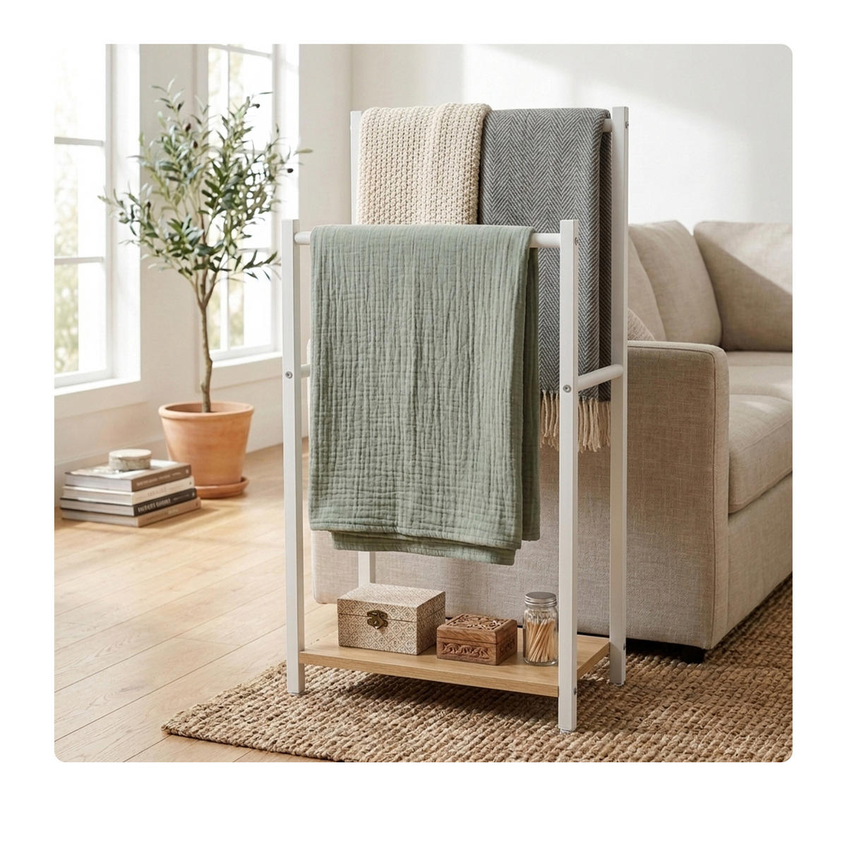 HANDTUCHSTÄNDER Weiß Holzoptik mit Ablage 80x42x24 cm - Weiß, Holzwerkstoff/Metall (42/80/24cm) - Relaxdays