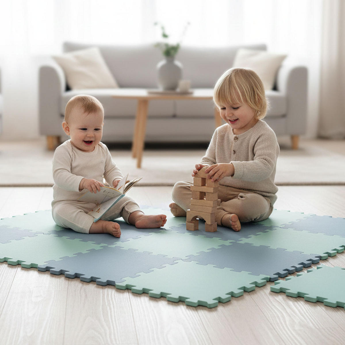 SPIELMATTE ab Null - 180/90/1 cm Puzzlematte - Graublau/Mint - Multicolor, Kunststoff (30/30cm) - Littletom