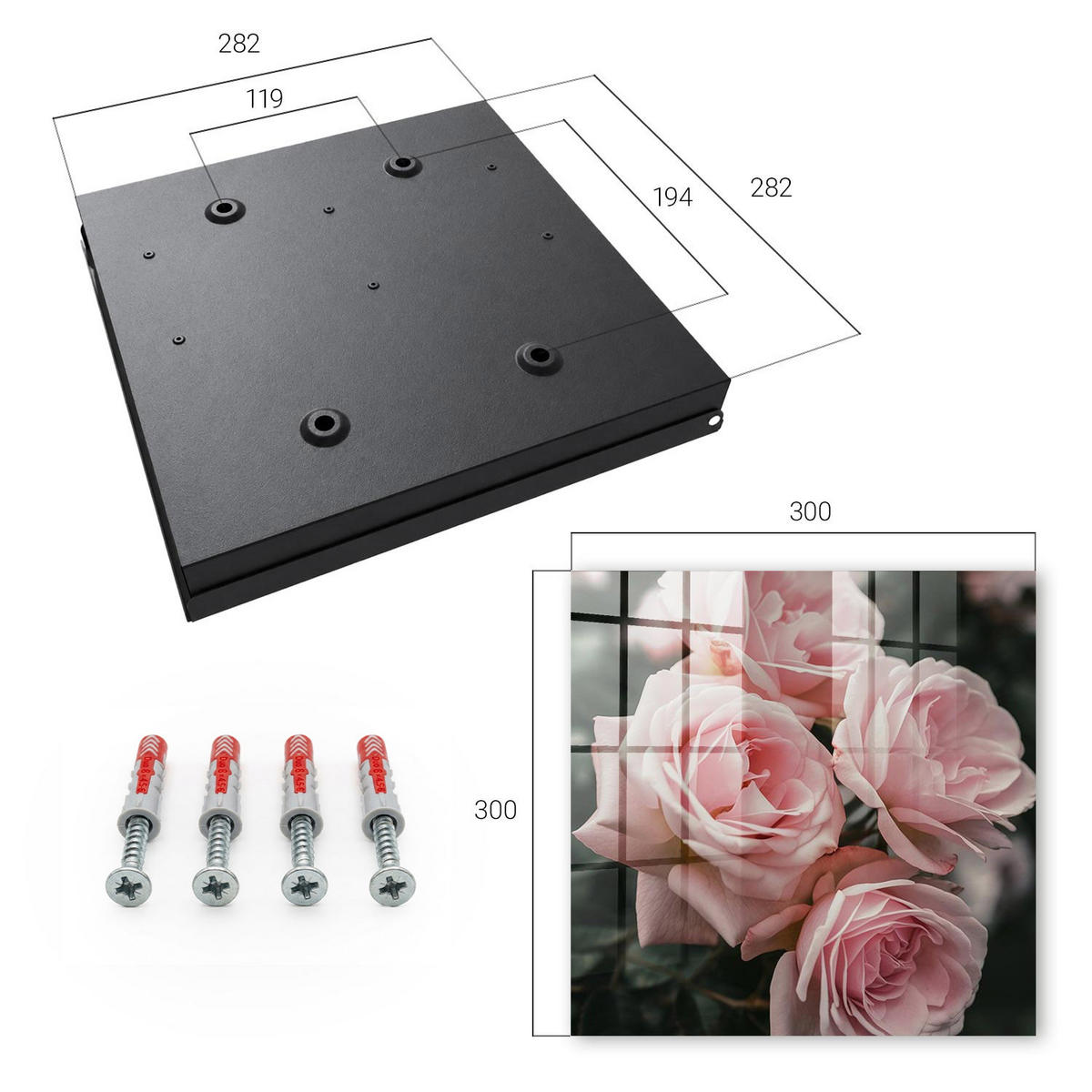 SCHLÜSSELBOX Schwarz 30x30 cm- Türöffnung nach rechts - Rosa Rosen - Pink, Metall (30/30/5cm) - TULUP