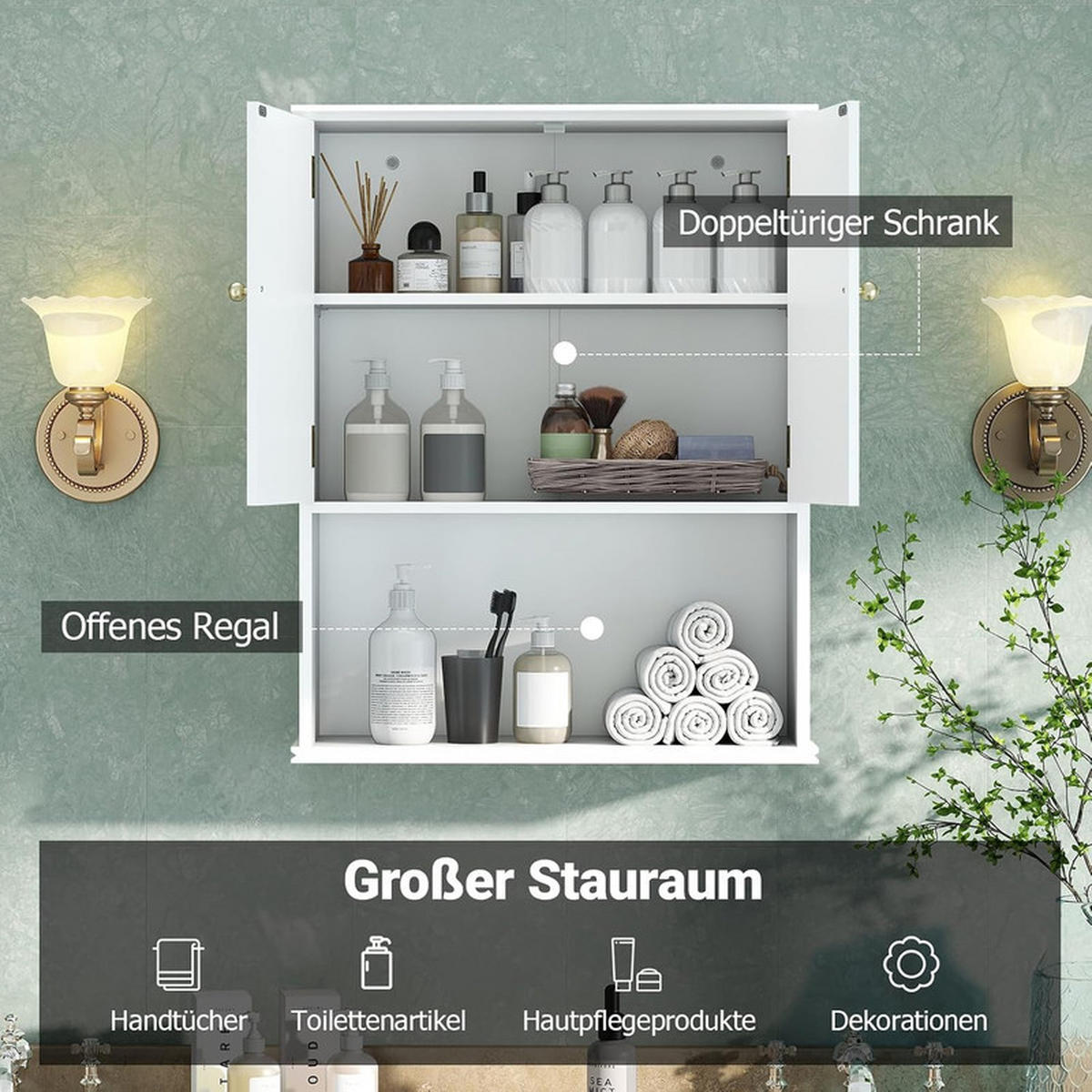 BAD-HÄNGESCHRANK mit 2 Türen weiß - Weiß, Holzwerkstoff (60/75/21cm) - COSTWAY