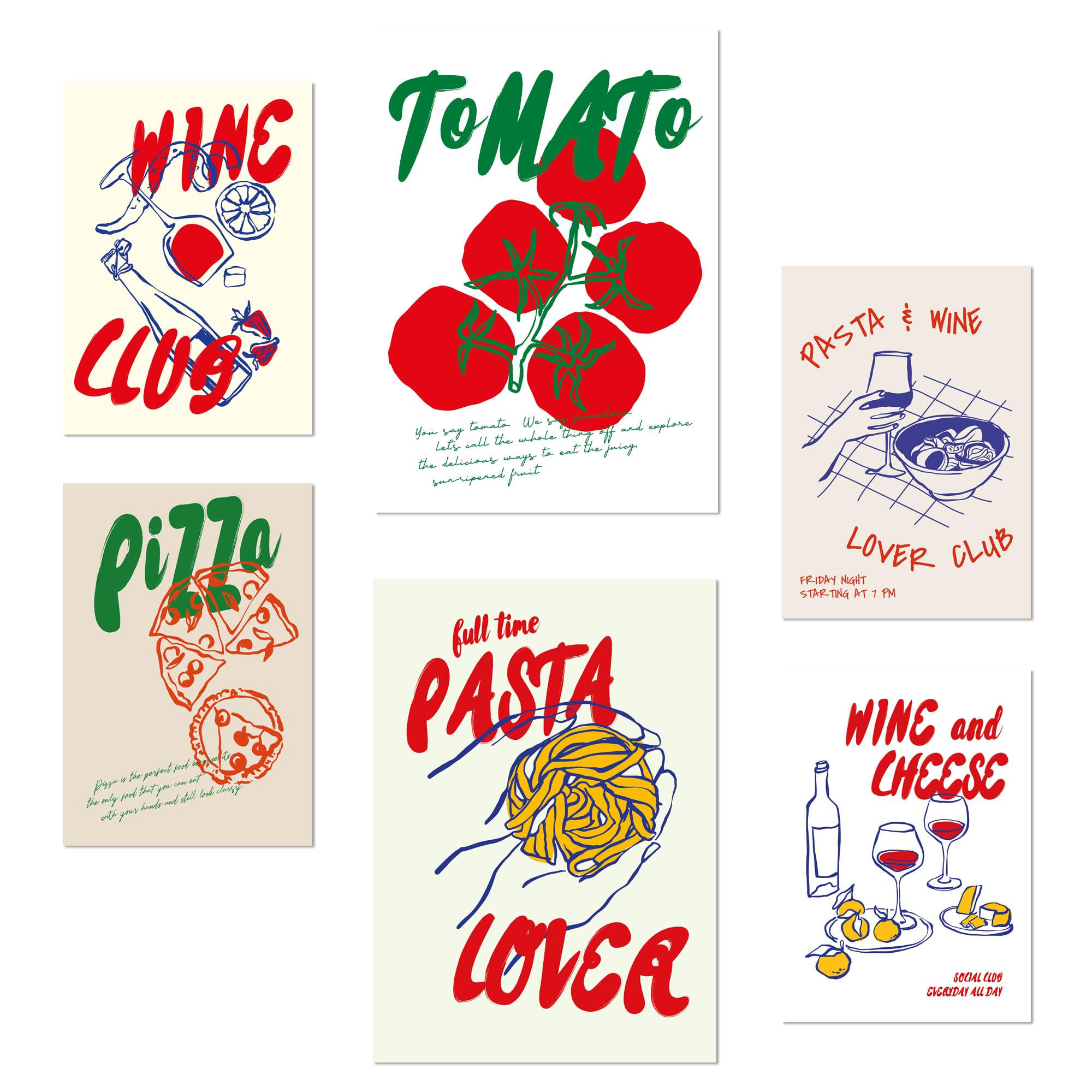 POSTER Set Mit 6 Von Lebensmitteln Im Pop Art Mit Tomaten Nudeln & Pizza A3 & A4 Rahmenlos - Klar, Papier (29/3cm) - Nacnic