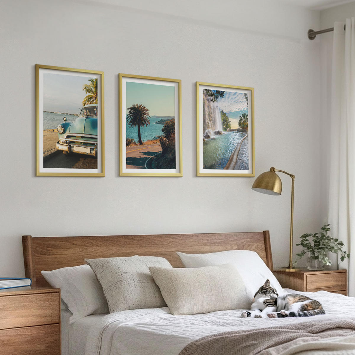 WANDBILDER 3er Set - 40x60 cm Goldrahmen - Urlaub Palmen Wasserfall - Goldfarben, Kunststoff (40/60cm) - ArtPrintCave