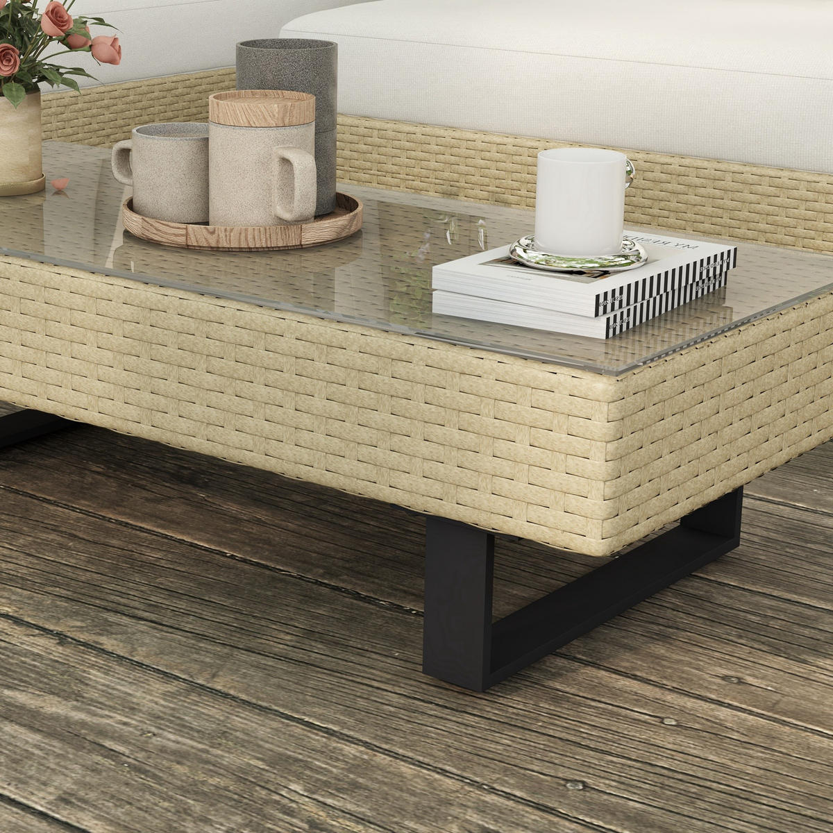 GARTENLOUNGE DE-13588 5‑sitzig mit Glastisch, abnehmbaren Bezügen Beige - Beige, Kunststoff/Metall - ComfortXL