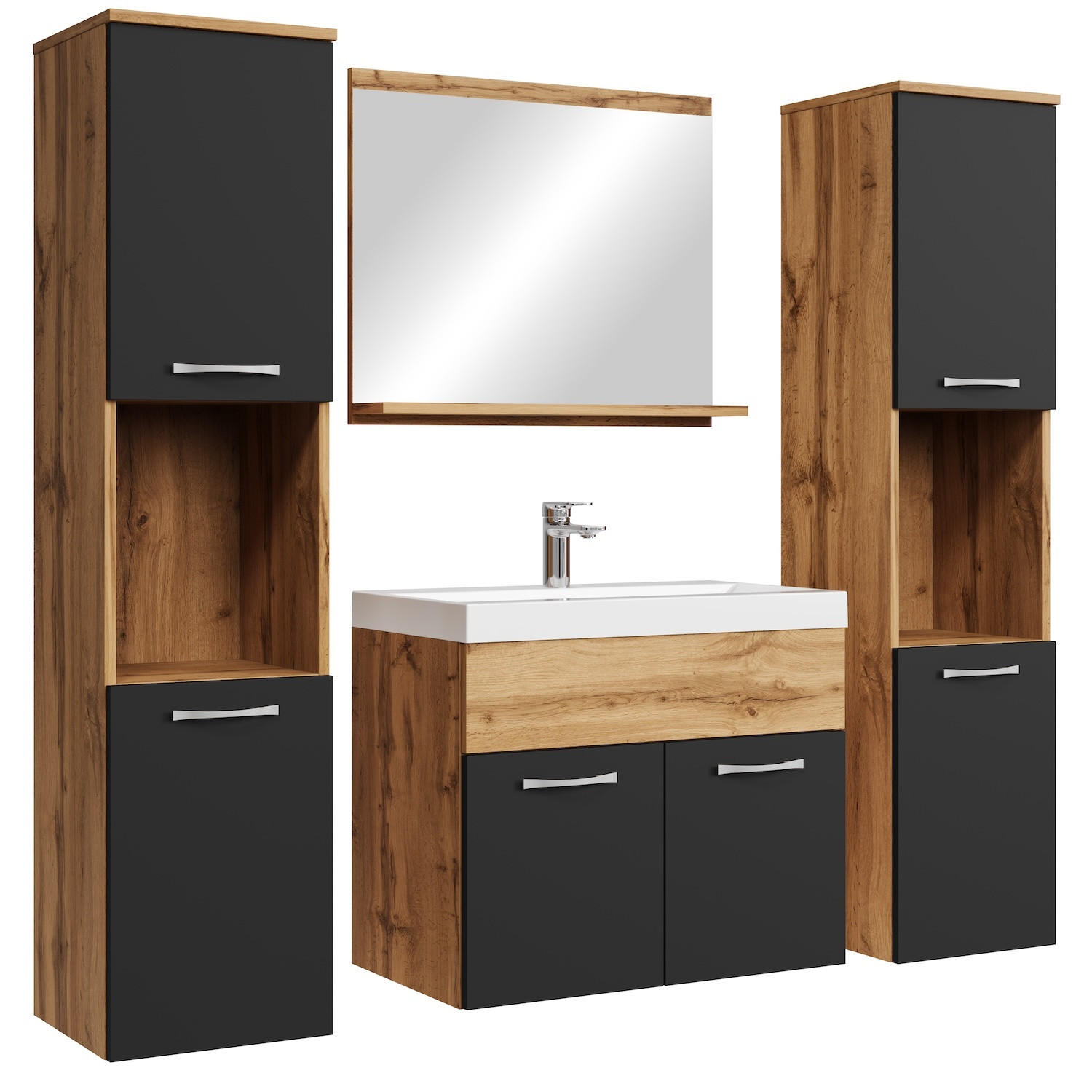 BADMÖBEL-SET Montreal 5 Teile Eiche / Schwarz - 60 x 35 x 51 cm - Eichefarben/Schwarz, Holz (60/51/35cm) - Badplaats