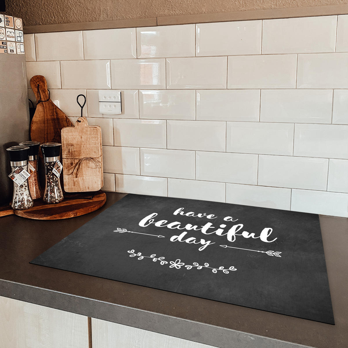 HERDABDECKPLATTE Zitat - Einen schönen Tag - Grau - Weiß Induktionsmatte 71x52 cm - Anthrazit, Kunststoff (71/52/0.2cm) - MuchoWow