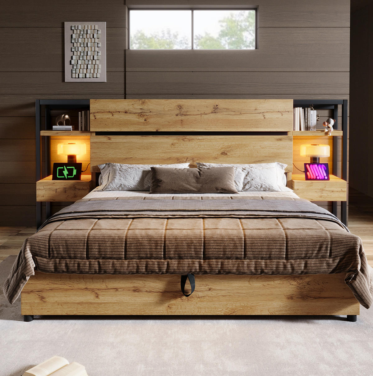 POLSTERBETT 180/200 cm Eiche aus MDF und Metall mit Stauraum und Ladestation - Eichefarben, Holzwerkstoff (180/200cm) - OKMYHOME