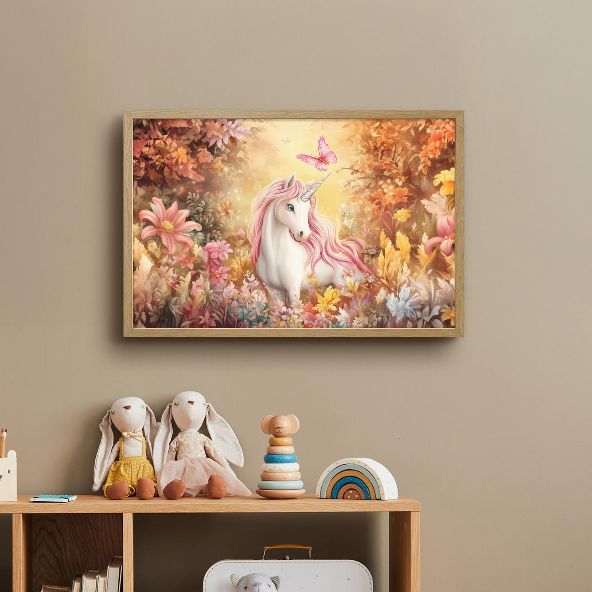 DOBÍJECÍ NOČNÍ LAMPIČKA Jednorožec - Květiny - Motýl - Růžová 60x40 cm - béžová, kompozitní dřevo (8/60/40cm) - OnlyWow