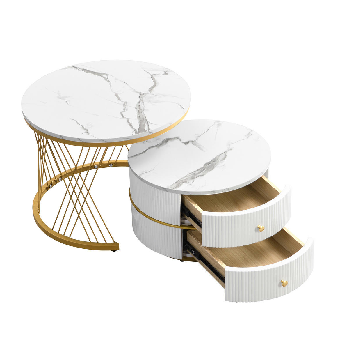 COUCHTISCH-SET 2-teilig rund, Marmoroptik Hochglanz, 2 Schubladen, 60/60/46 + 50/50/30,8 cm, weiß - Goldfarben/Weiß, Holzwerkstoff (60/60/46cm) - Redom