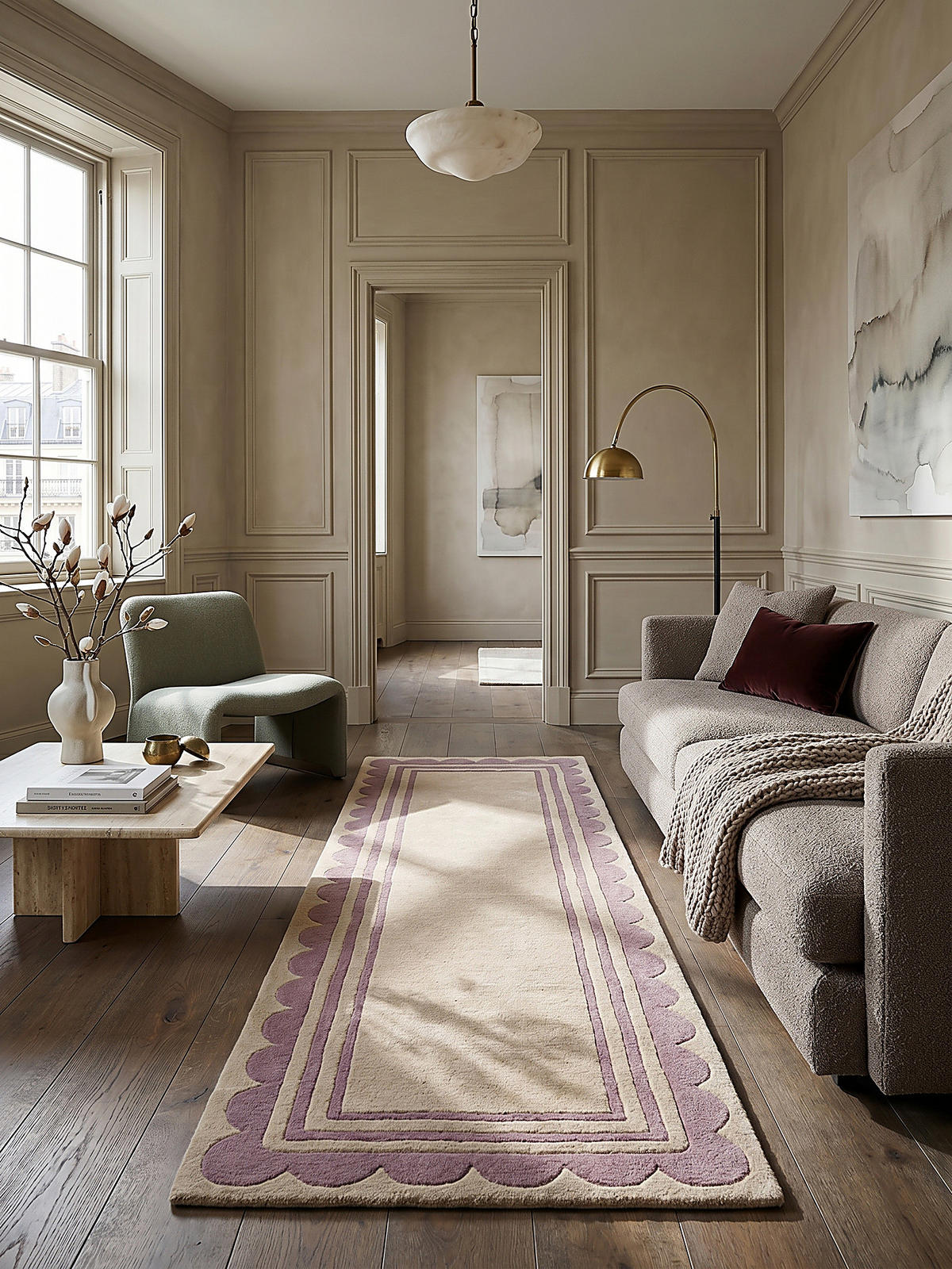 WOLLTEPPICH Grafisches Muster, Rahmen, Wohnzimmer schmutzabweisend Lila-Beige Läufer 80x230 - Lila, Textil (230/80cm) - KADIMA DESIGN