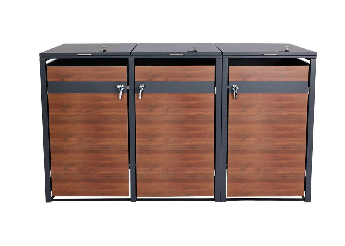 MÜLLTONNENBOX 3er/6er XL 117x217x98cm Anthrazit Kirsche-Holzoptik Dunkelbraun - Kirschbaumfarben, Metall (217/117/98cm) - PROREGAL