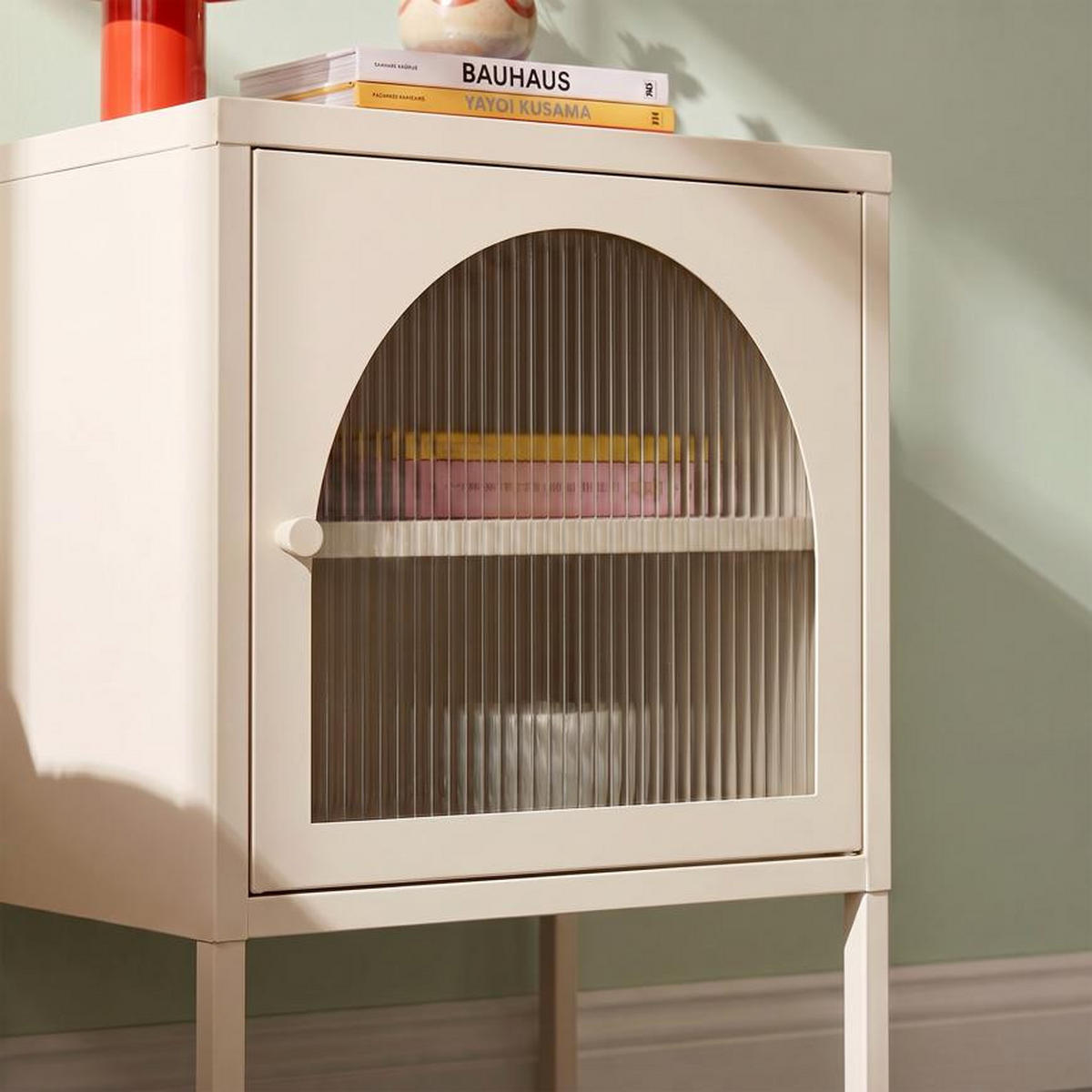NACHTTISCHE 2er-Set Industrial-Design aus Metall mit 1 Tür aus geriffeltem Glas, Beige - ELIN - Beige, Metall (50/60/40cm) - Sicaan