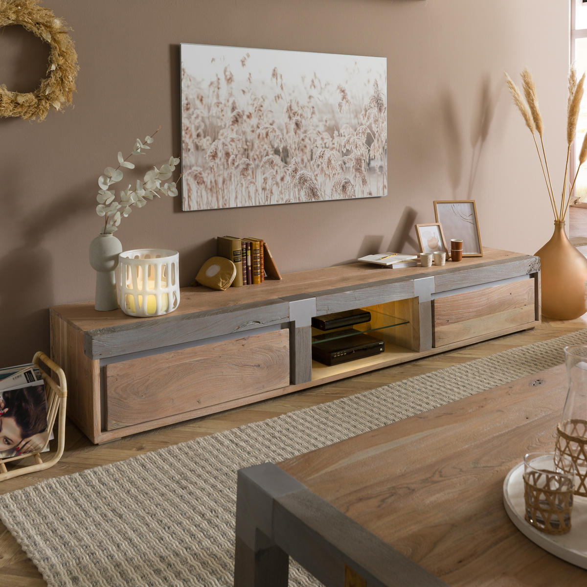 TV-BOARD Akazie 240x48x39 beige lackiert Amsterdam #104 - Beige, Holz (240/39/48cm) - Massivmoebel24