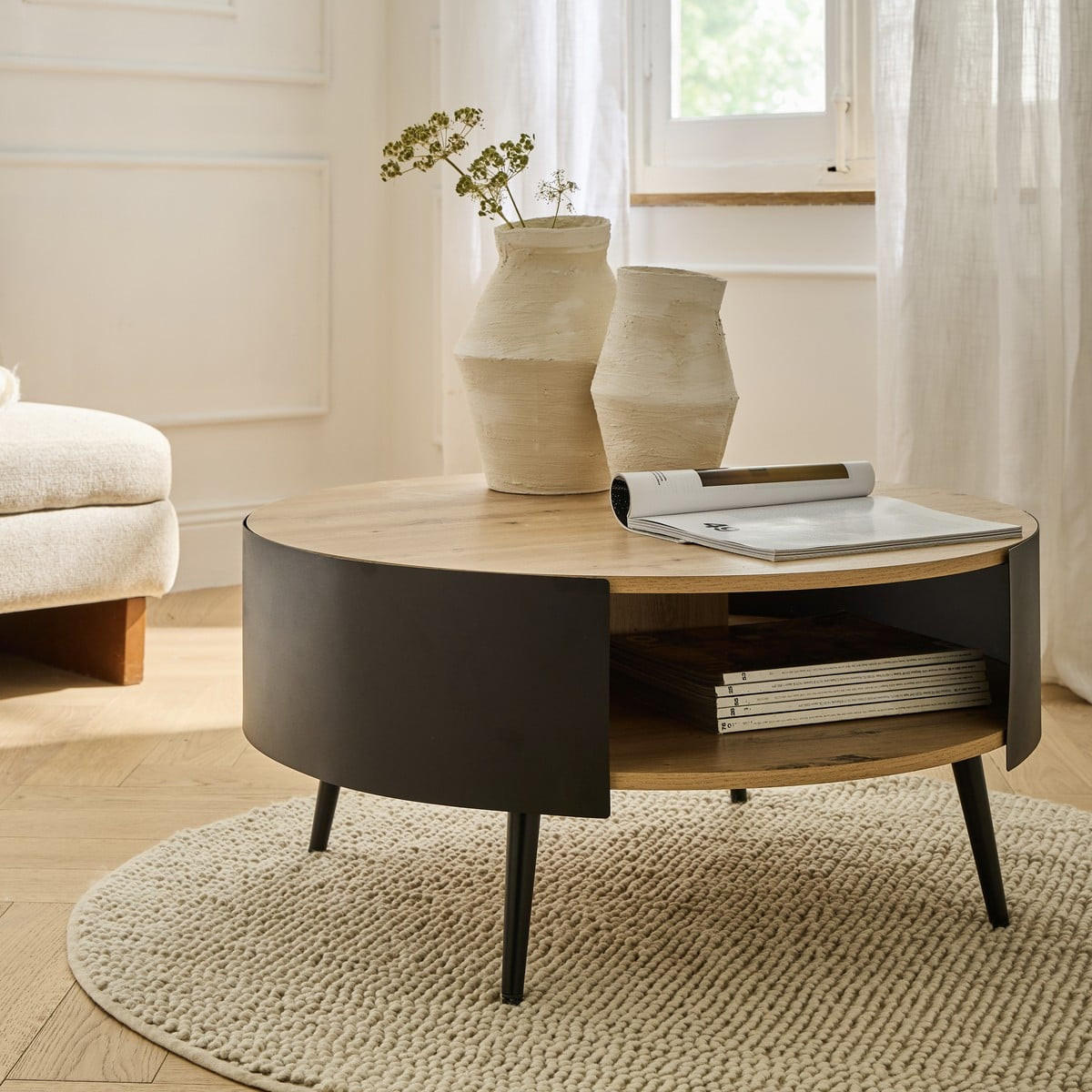 COUCHTISCH mit 2 Ebenen und schwarzen Metallseiten eklo 80/39/80 cm - Eichefarben, Holzwerkstoff (80/80/39cm) - Calicosy