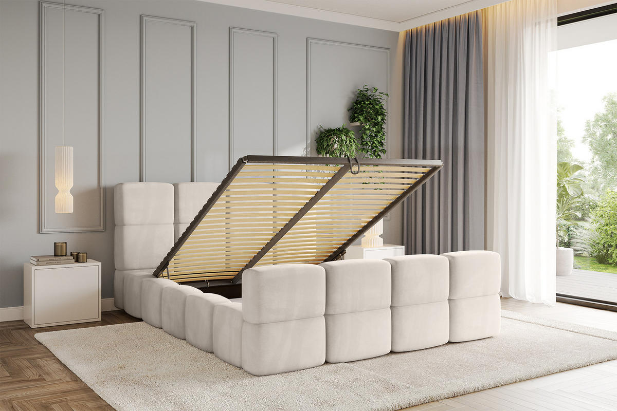 POLSTERBETT mit Bettkasten und Lattenrost, Bett mit Kopfteil, Boxbett ohne Matratze, Doppelbett mit Stauraum - NATA-Z 120x200 Beige - Beige, Holzwerkstoff/Textil (120/200cm) - ALTDECOR