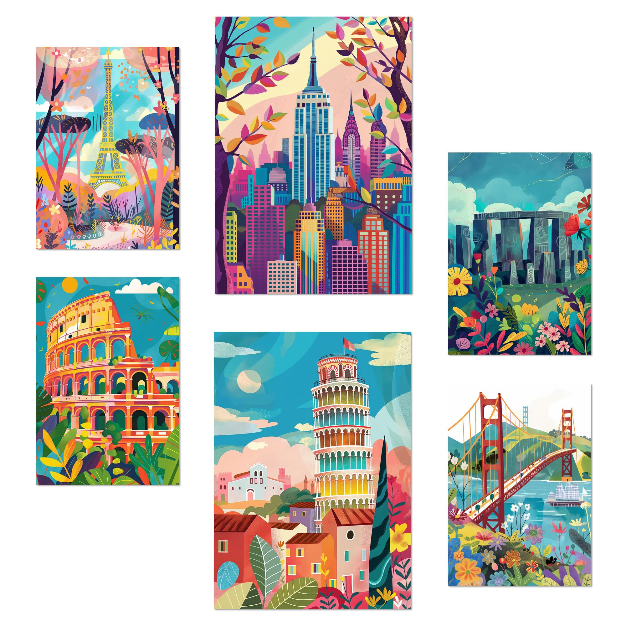 POSTER Set Mit 6 Von Mary Blair Inspirierte Eiffel Kolosseum Pisa Golgentor Stonehenge Empire State A3 & A4 Rahmenlos - Klar, Papier (29/3cm) - Nacnic