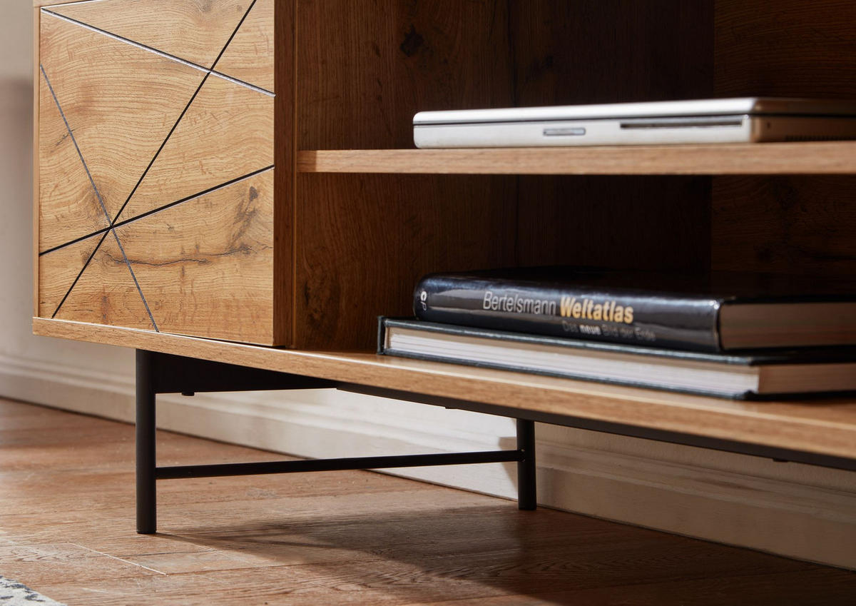 LOWBOARD Eiche-Dekor Modern Stil 160 cm Breit mit Linienmuster - Schwarz/Braun, Holz/Metall (160/45/40cm) - KADIMA DESIGN