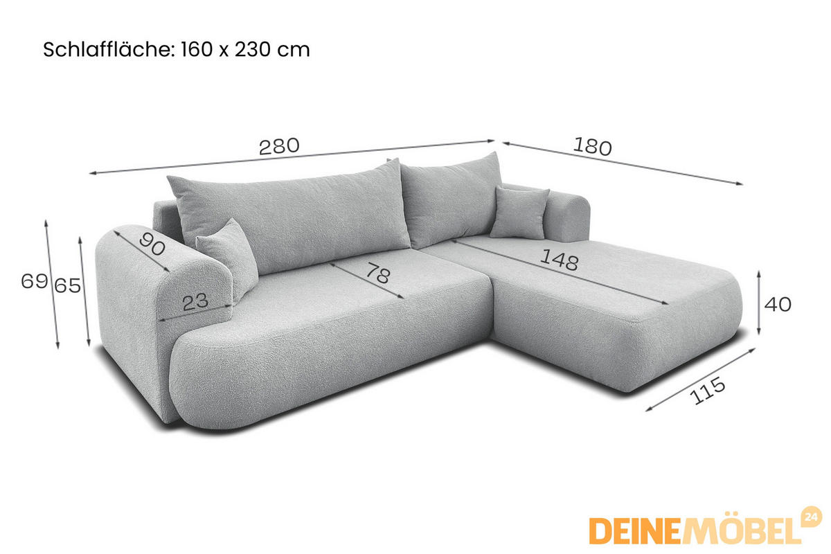ECKSOFA BRAVO 280/180 in Bouclé Creme rechts - Creme, Holz/Holzwerkstoff (280/180cm) - Deine Möbel 24