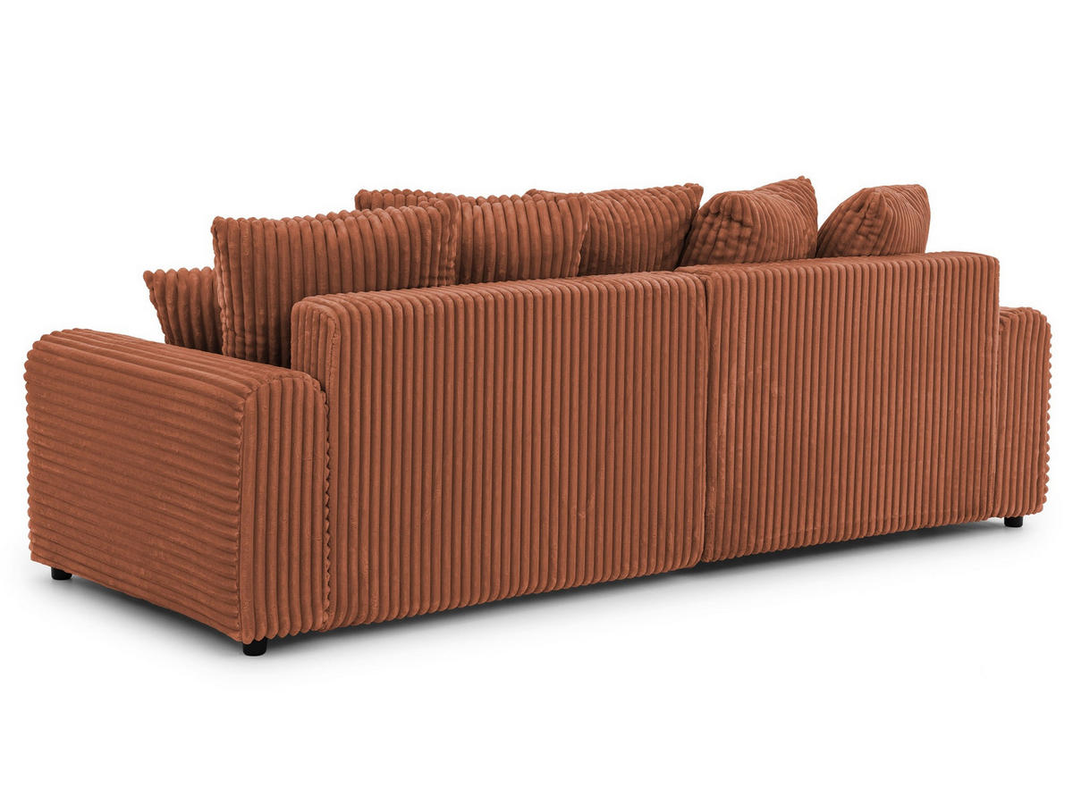 ECKSOFA Calma mit Schlaffunktion und Bettkasten im Bumpy-Design aus weichem Terrakotta Plüschcord - Ottomane links - Terracotta/Schwarz, Holz/Kunststoff (239/140cm) - S-Style