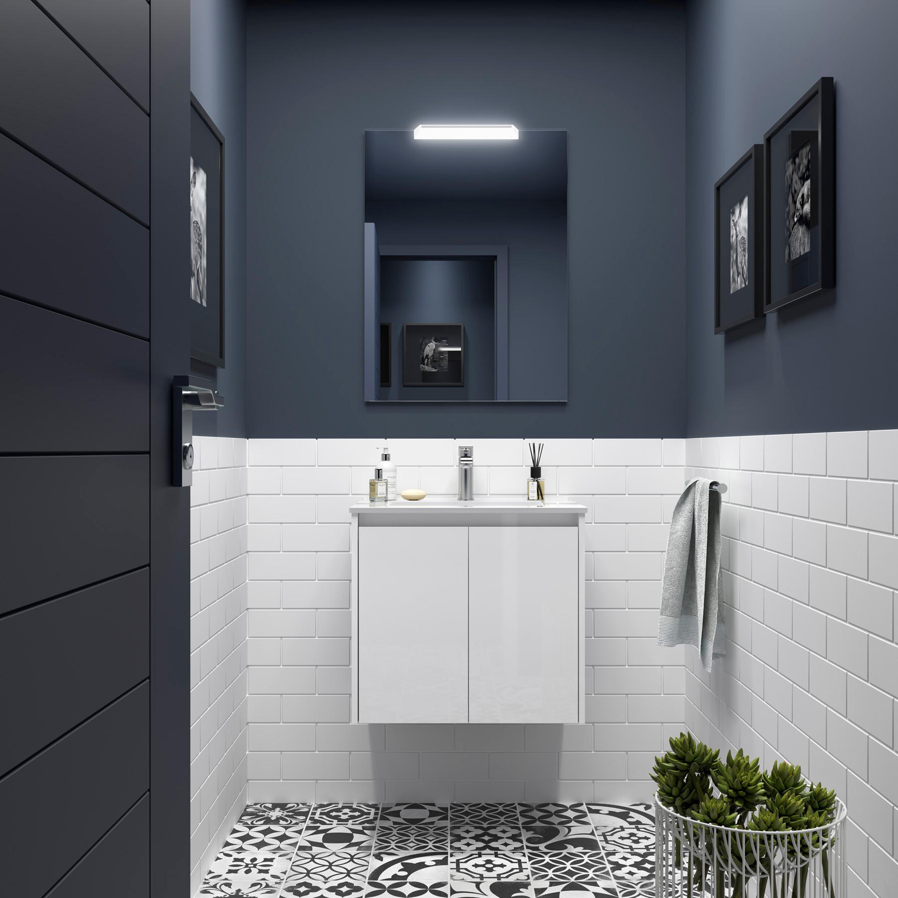 BADEZIMMERMÖBEL NOJA 700 2 Türen WHITE GLOSS + Waschtisch + Spiegel - Weiß Hochglanz/Schwarz, Metall (45/54/70cm) - Salgar
