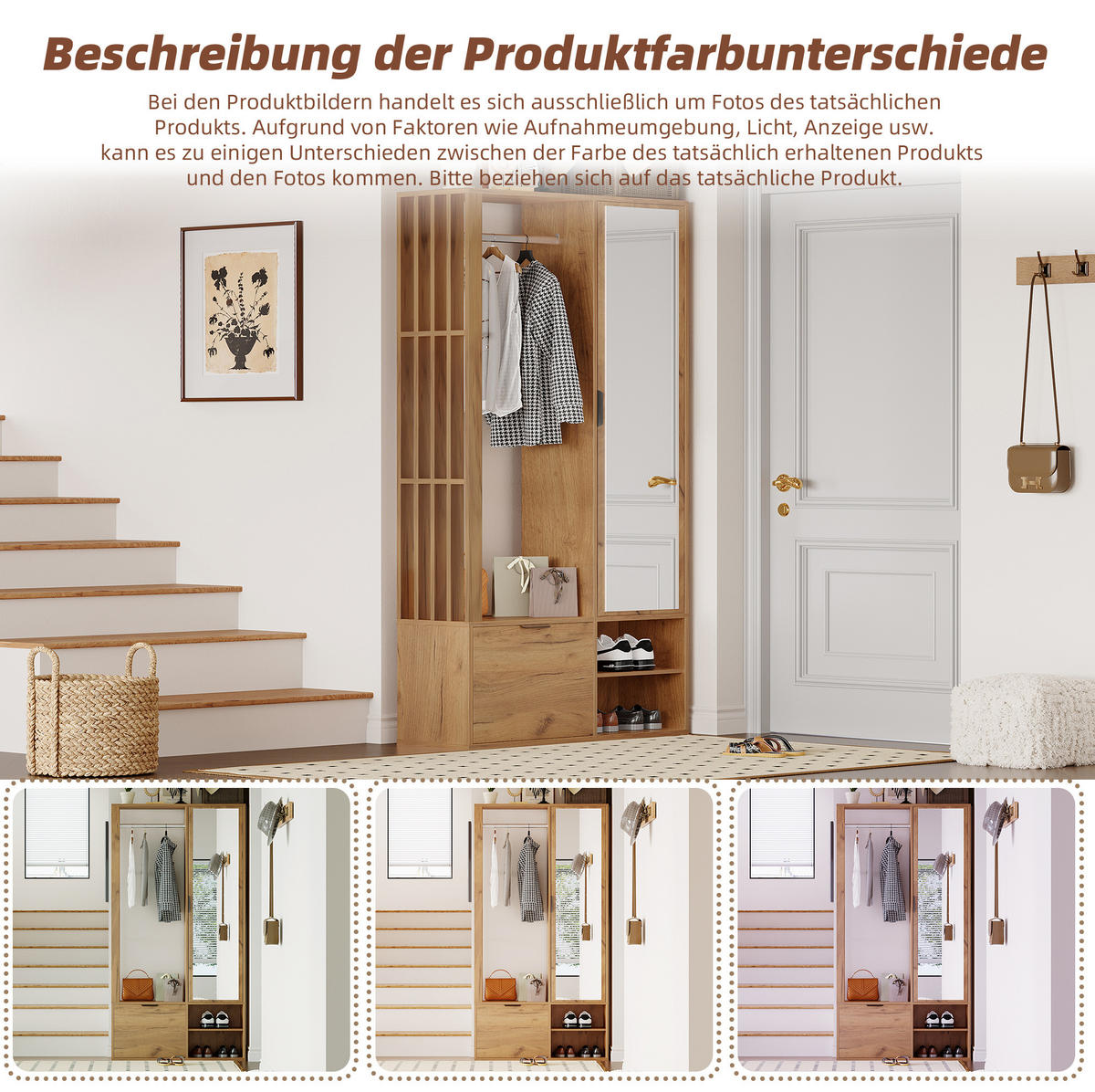 GARDEROBENSCHRANK 100/33/190 cm aus Spanplatte mit Spiegel und Kleiderstange Natur - Naturfarben, Holzwerkstoff (33/190/100cm) - Modenvie