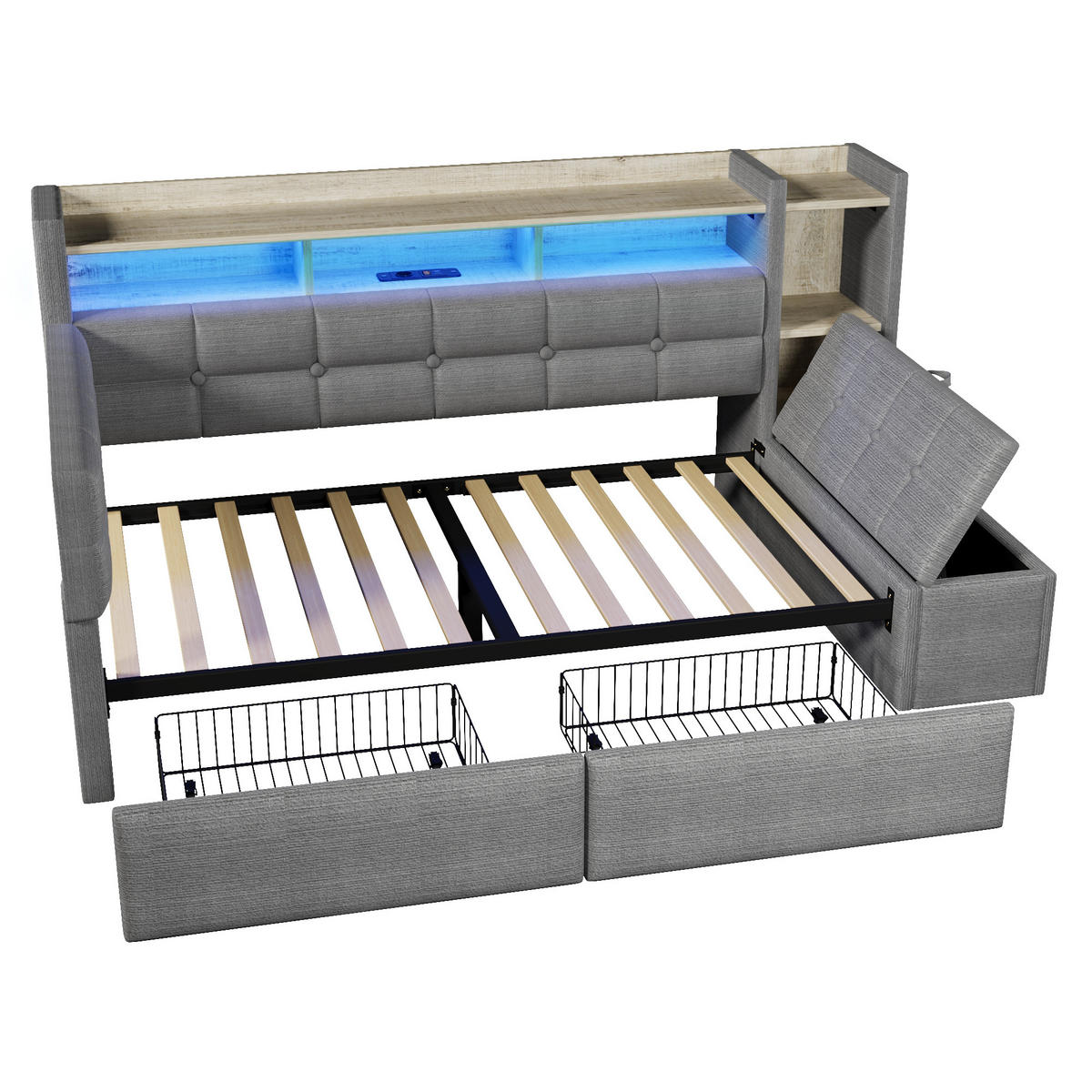 TAGEBETT 90x190cm Dunkelgrau Samt 2 Schubladen USB LED-Licht - Dunkelgrau, Holz (90/190cm) - FLIEKS