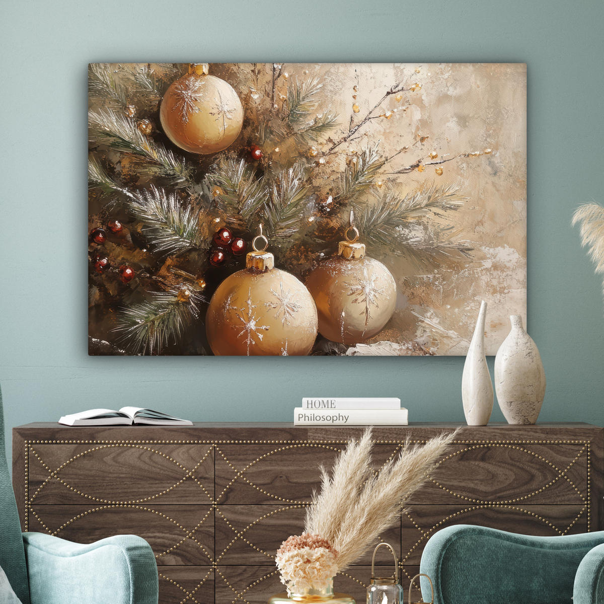 LEINWANDBILD Weihnachten - Kugeln - Beige - Gold Wohnzimmer Groß 120x80 cm - Goldfarben, Textil (120/80cm) - MuchoWow