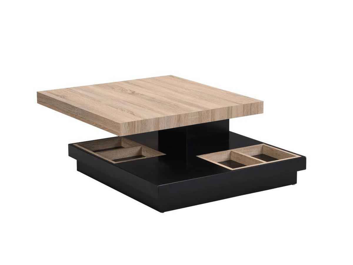 COUCHTISCH mit drehbarer Tischplatte - MDF - Schwarz lackiert & Naturfarben - FAUSTO - Schwarz, Holz (80/80/34cm) - Vente-Unique
