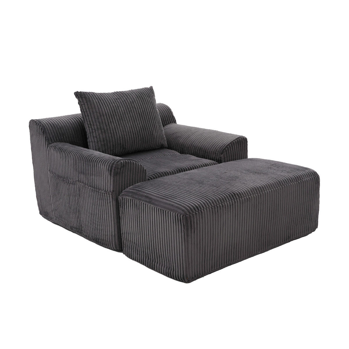 SESSEL aus Kord 147x110x67 cm Dunkelgrau mit Fußhocker, Seitentaschen und montagefreiem Komfort - Dunkelgrau, Textil (110/67/147cm) - Modfu