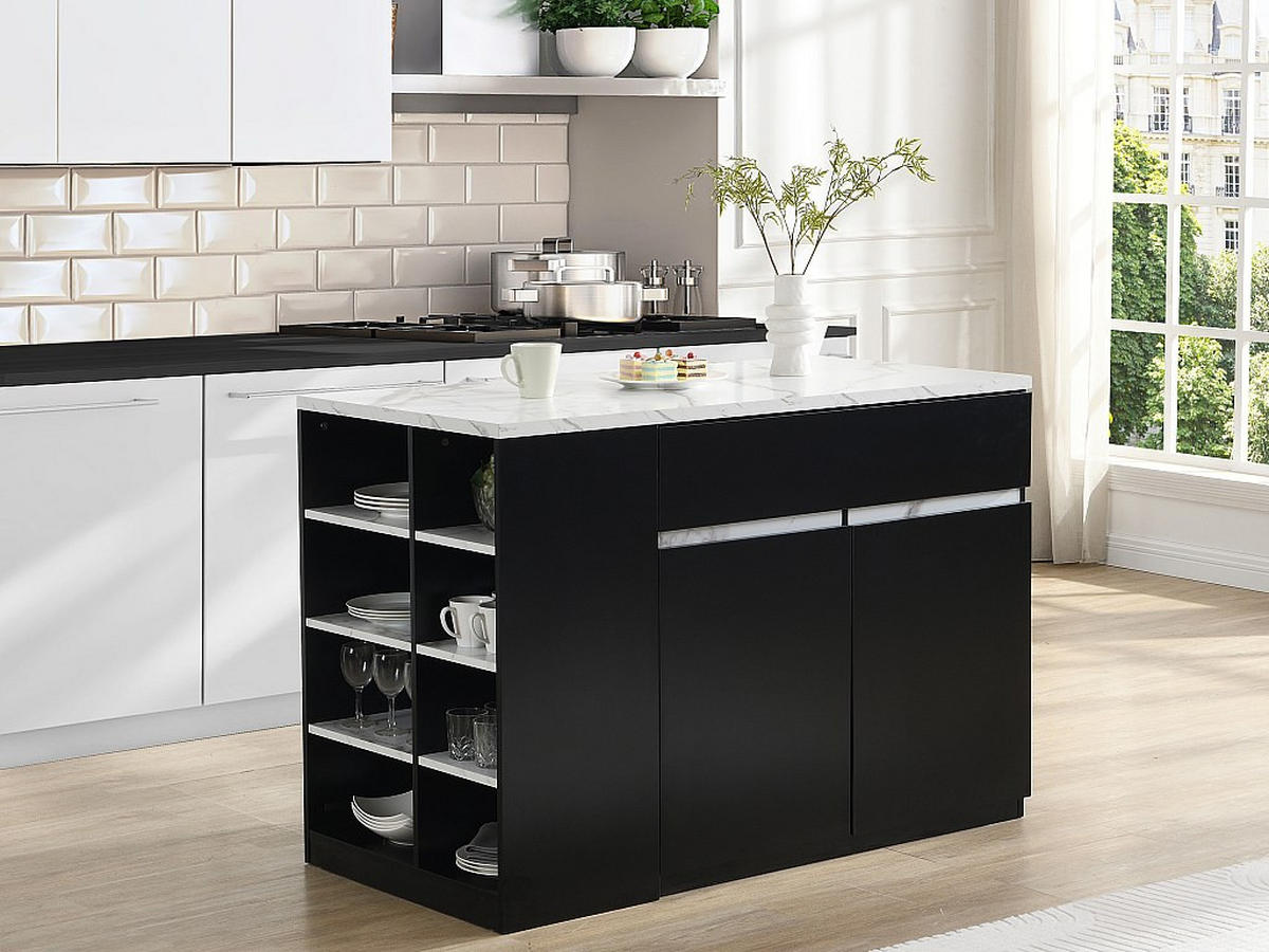 KÜCHENINSEL mit Stauraum - Marmoroptik Weiß & Schwarz - MEILI - Schwarz, Holz (65/90/130cm) - Vente-Unique