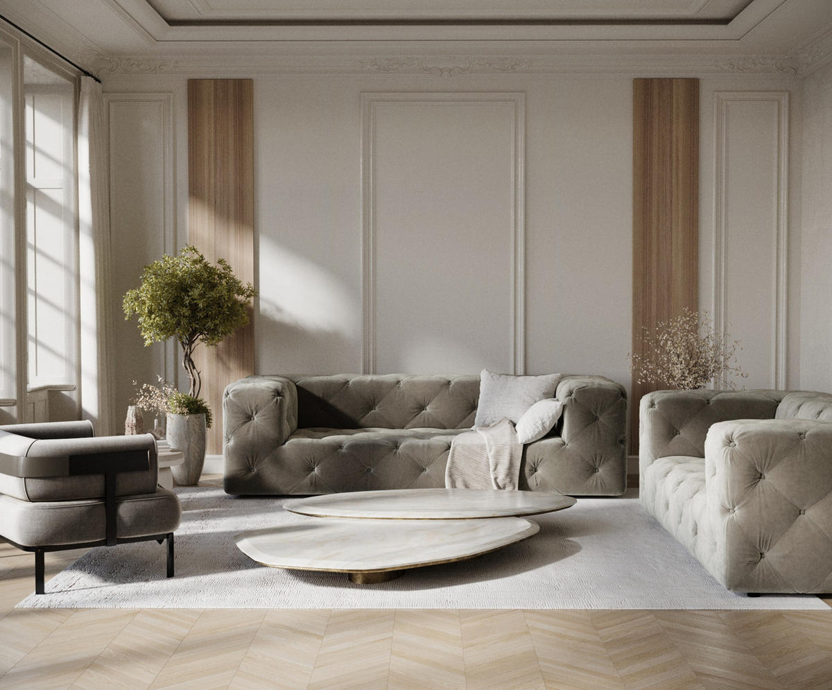 3-SITZER-SOFA Cosimo Taupe Samtstoff - Taupe/Schwarz, Holz/Holzwerkstoff (230/71/100cm) - Maison de Reve