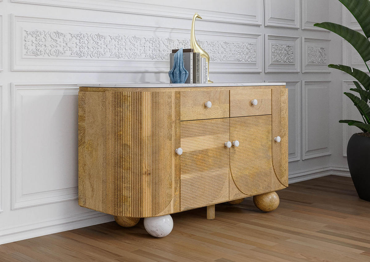 SIDEBOARD Mango 150x40x80 natur lackiert / Marmor weiß FLORENZ #120 - Braun, Holz (150/80/40cm) - Massivmoebel24