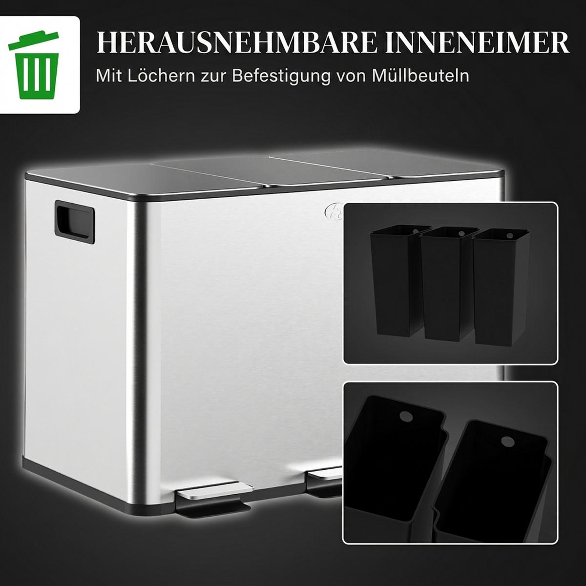 MÜLLEIMER 3x10L Abfalleimer aus Edelstahl mit Softclose Deckel Deodorant-Fächern - Silberfarben, Metall (34.5/38.6/49.6cm) - HOMCOM