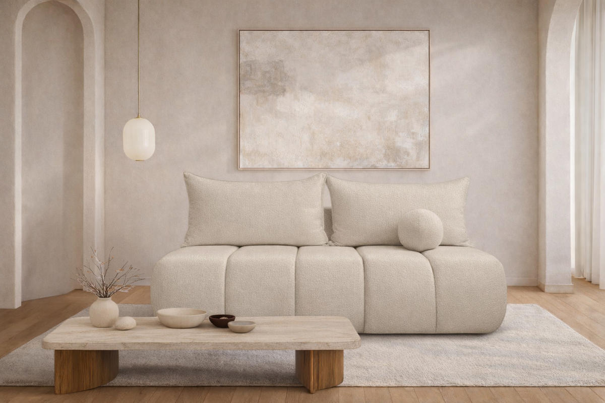 SOFA Mit Schlaffunktion Und Bettkasten, Veloursstoff Monolith, Ecru, PIANO - Ecru, Holz (207/91/103cm) - Kaiser Möbel