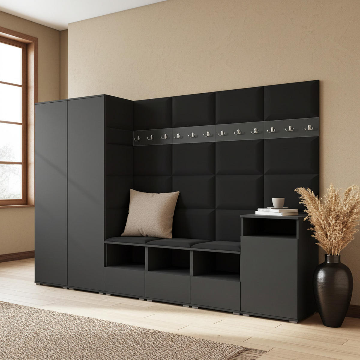 GARDEROBE NELA XII 300 cm (Modulare Flurmöbel Graphit mit Sitzpolster Schwarz 16 Gigantisches Set) - Silberfarben/Schwarz, Holz/Holzwerkstoff (300/187/40cm) - Ravio