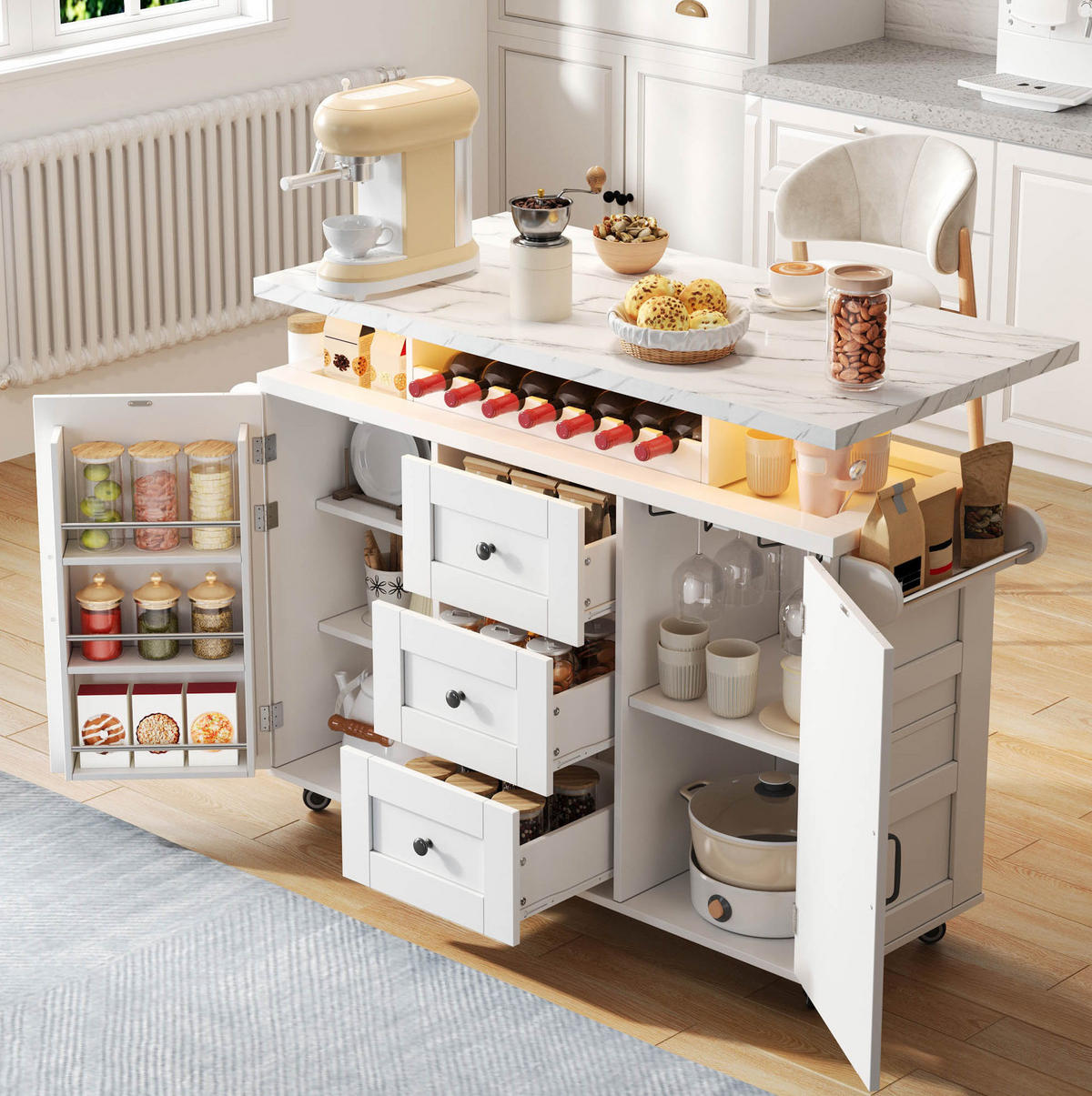 KÜCHENINSEL mit klappbarer Arbeitsplatte, LED, 138 x 60 x 93 cm Weiß - Weiß, Holz (60/93/138cm) - Beauniv