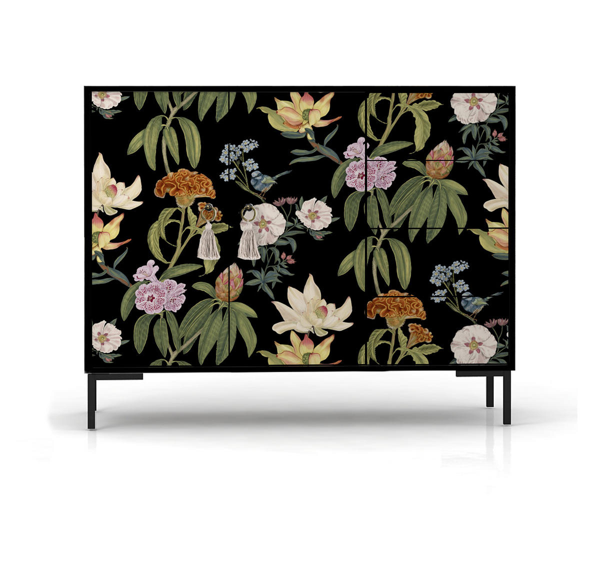 KOMMODE 2 Türen und 4 Schubladen MDF schwarzem Blumendruck WILMA JARA - Multicolor/Schwarz, Holzwerkstoff (45/84/113cm) - RNT By Really Nice Things