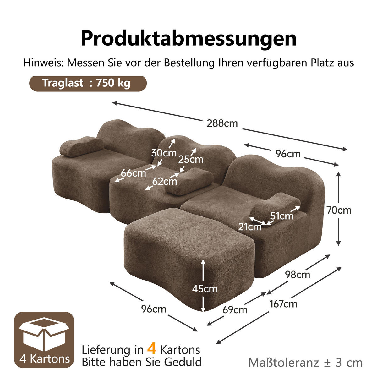 ECKSOFA DE-34348 L-Form mit Ottoman Braun - Braun, Textil (167/288cm) - ComfortXL
