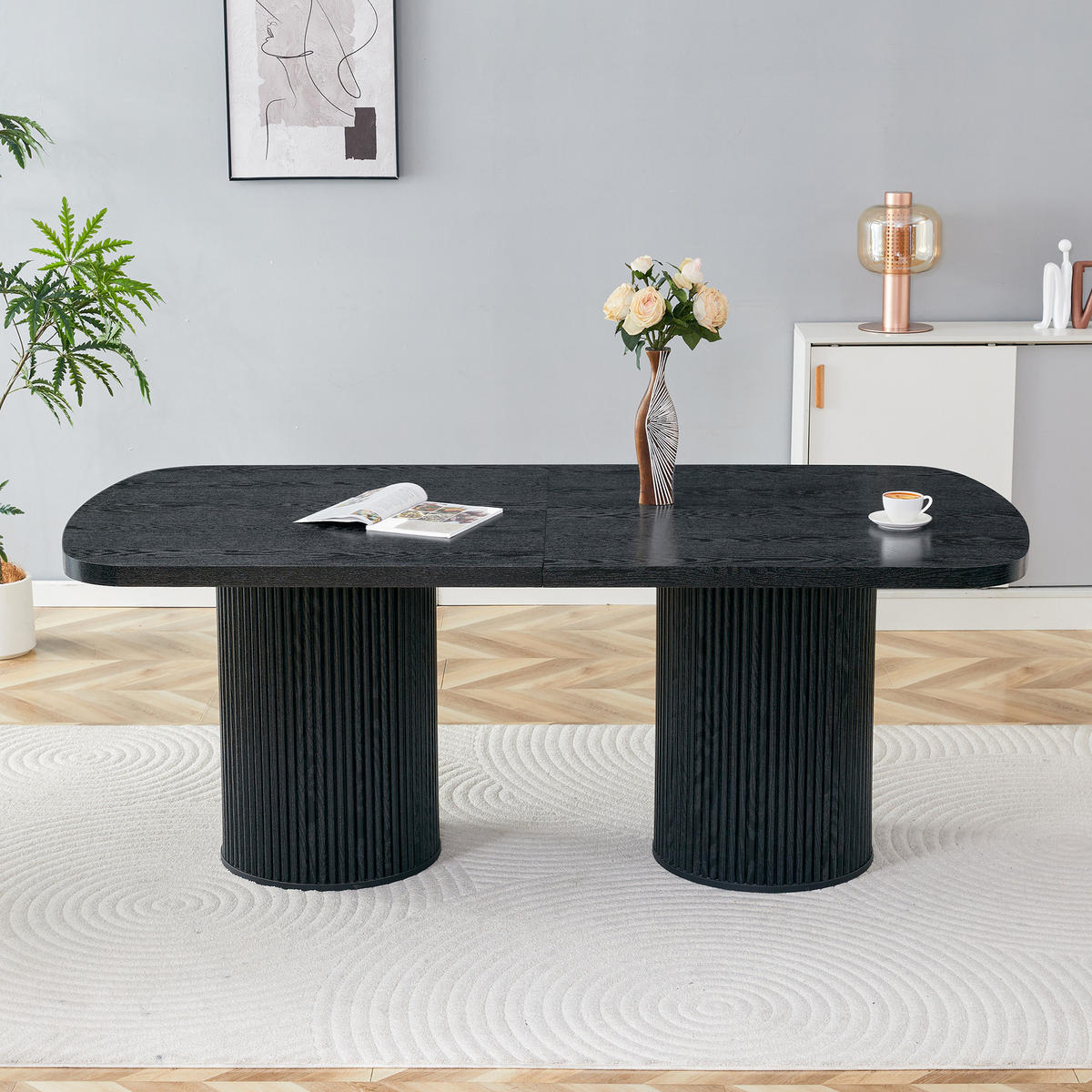 ESSTISCH oval 6–8 Personen MDF geriffelte Zylinderfüße Wabi-Sabi Mid-Century modern Holzoptik - Schwarz, Holzwerkstoff (180/90/76cm) - EVRYAE