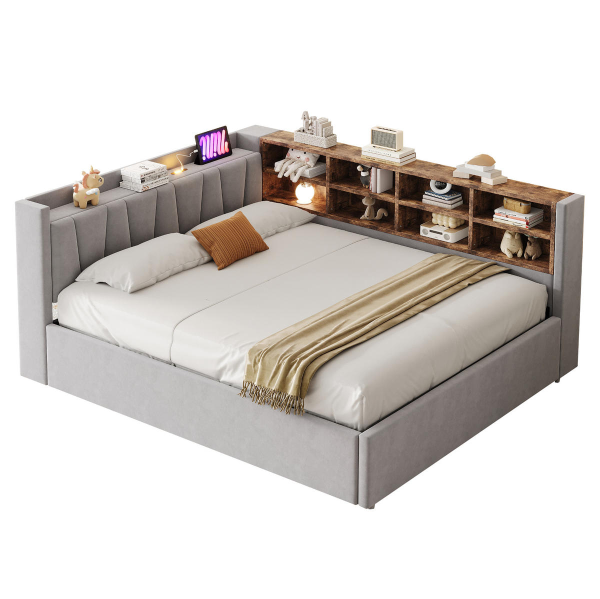 POLSTERBETT Schlafsofa aus Samt 140x200 cm Hellgrau mit hydraulischem Stauraum, Nachtlicht und USB-/Typ-C-Anschlüssen - Hellgrau, Textil (140/200cm) - Modfu