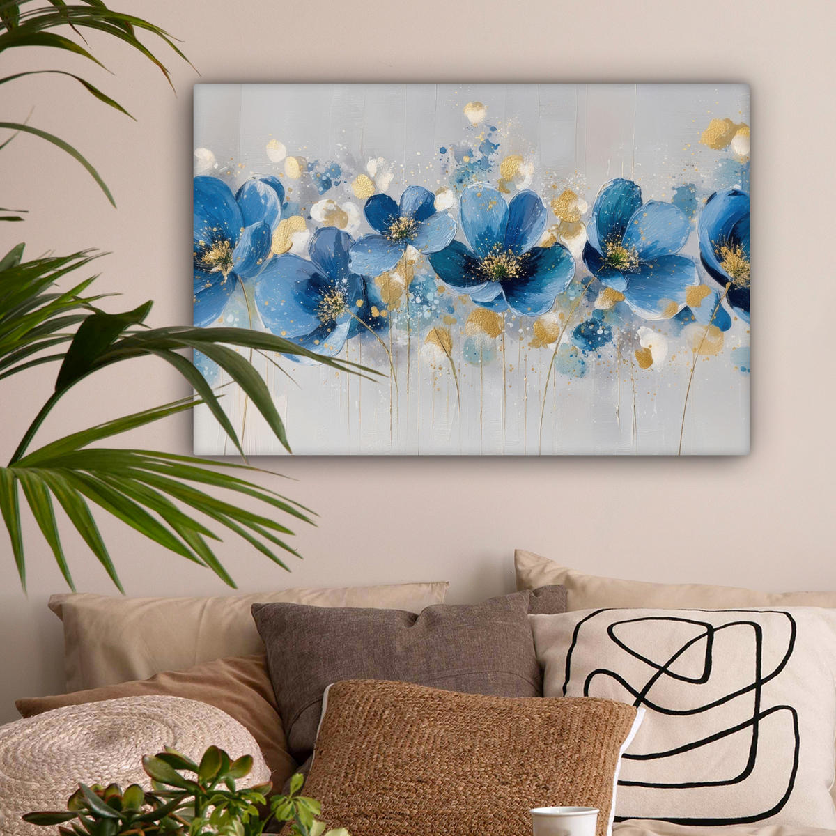 LEINWANDBILD Blumen - Blau - Abstrakt Gemälde 60x40 cm - Hellgrau, Textil (60/40cm) - MuchoWow