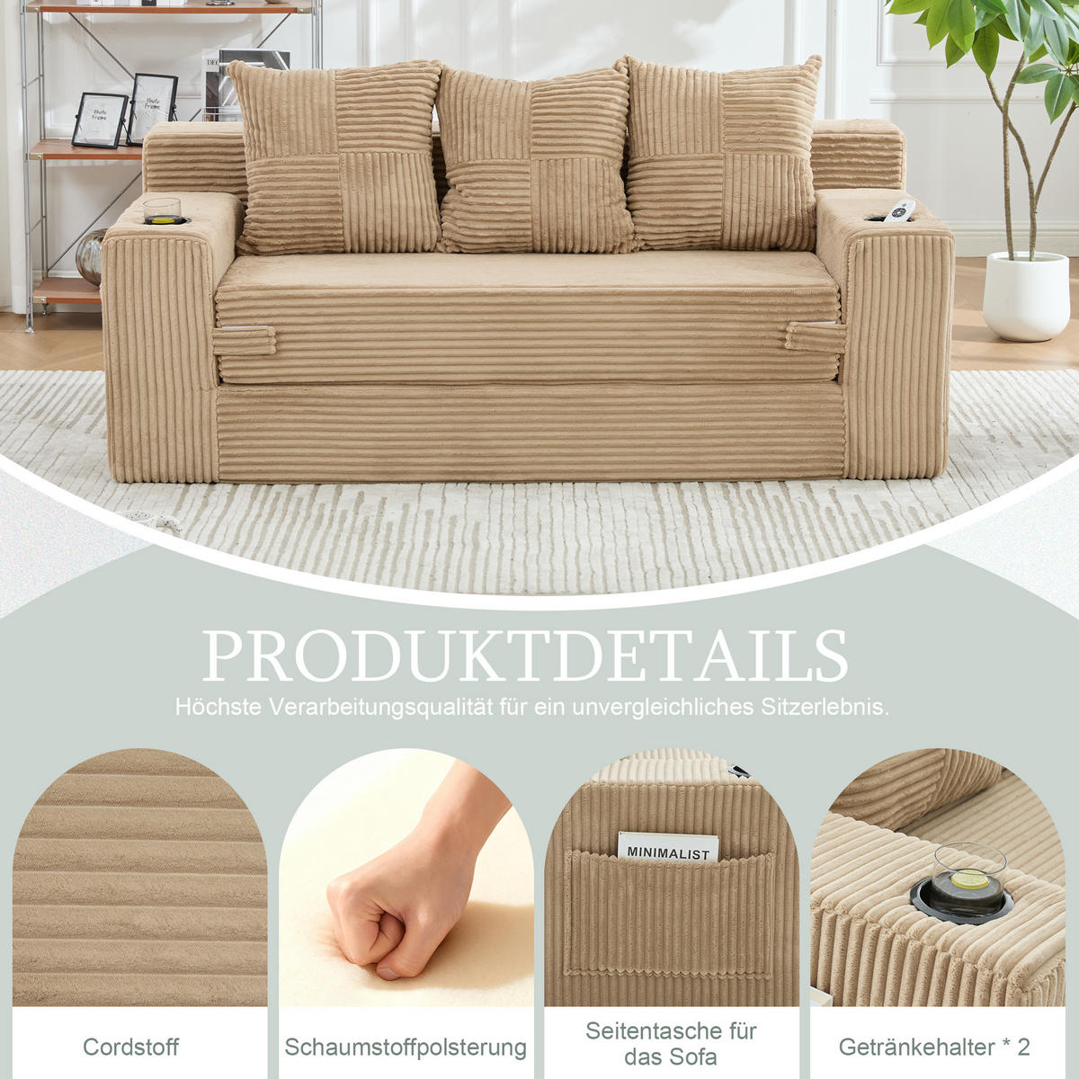 2-SITZER Bodensofa ausklappbar, Getränkehalter/Seitentaschen, Cord, hellbraun - Hellbraun, Textil (172/64/87cm) - LVHOM