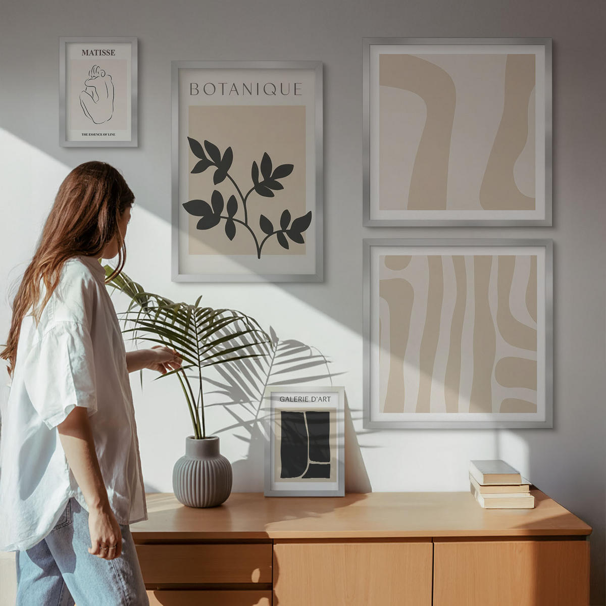 WANDBILDER 5er Set - 50x50 cm & 20x30 cm & 40x60 cm Silberner Rahmen - Abstrakte Pflanzenmotive - Silberfarben, Kunststoff (40/60cm) - ArtPrintCave