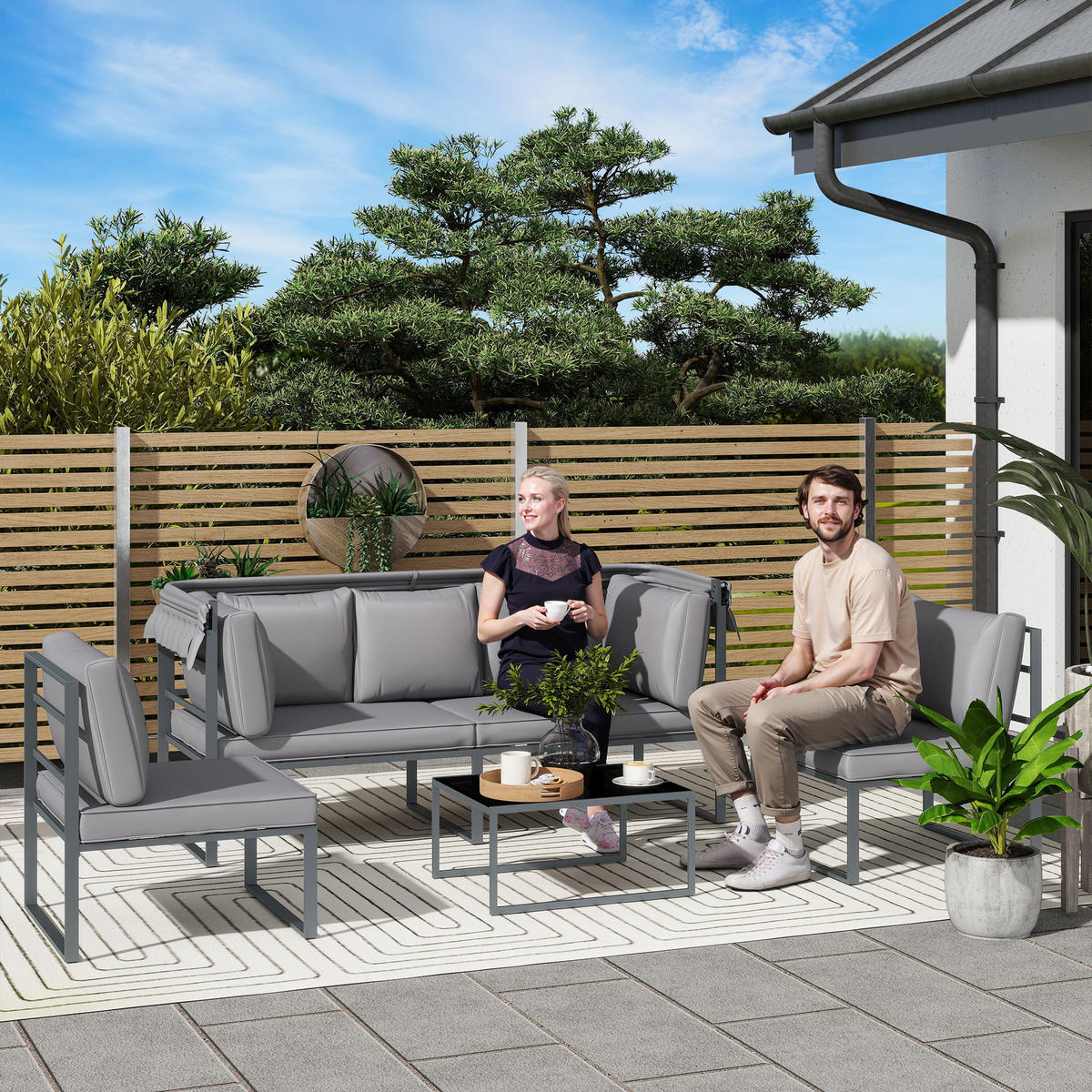 GARTENLOUNGE-SET 4-teilig DE-13429 Grau - Grau, Textil - ComfortXL