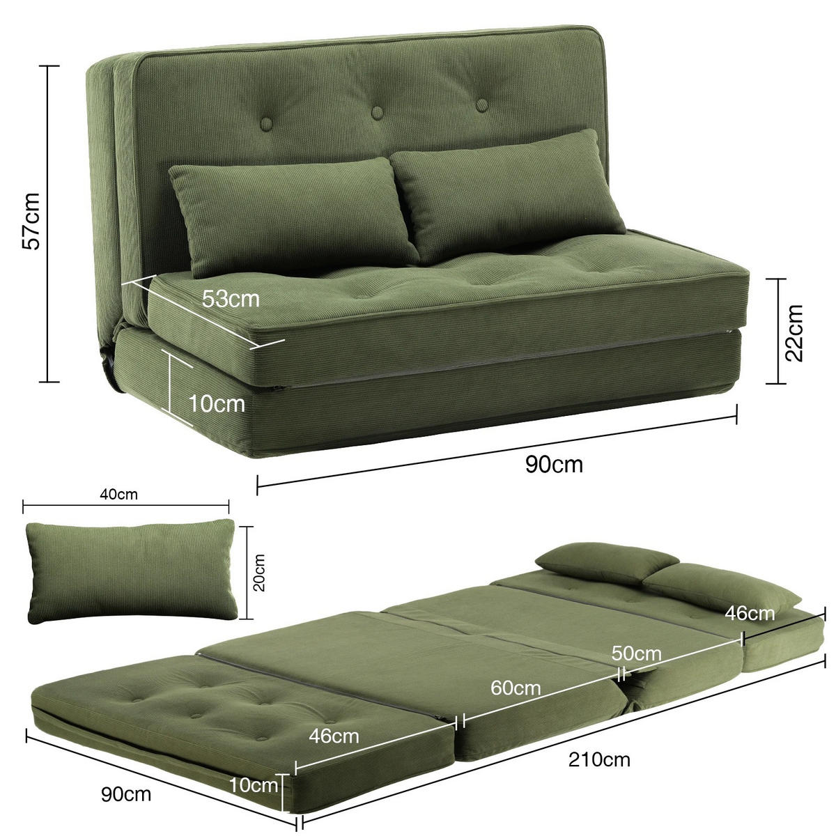 SOFA BED 2-Sitzer Grün, verstellbare Rückenlehne 6-fach - Grün, Textil (90/22/53cm) - Kaket