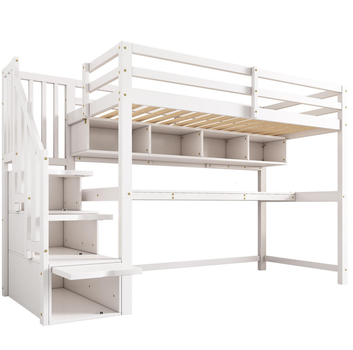 KINDERHOCHBETT aus Massivholz 90x200 cm Weiß mit Stauraumtreppe, Schreibtisch und Regalen - Weiß, Holz (90/200cm) - Modfu