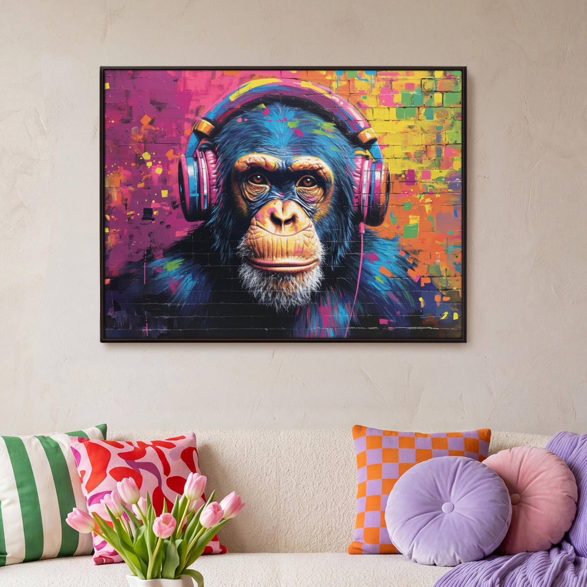 LEINWAND Bilder mit Rahmen - Graffiti - Schimpanse - Straßenkunst - Kopfhörer - Affe - 100x70 - Blau, Textil (100/70cm) - MuchoWow